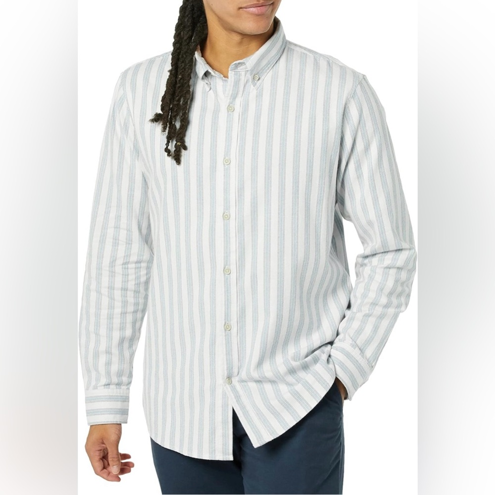 Goodthreads Men's Standard Fit Long-Sleeve Stretch Oxford Shirt White Stripe XS